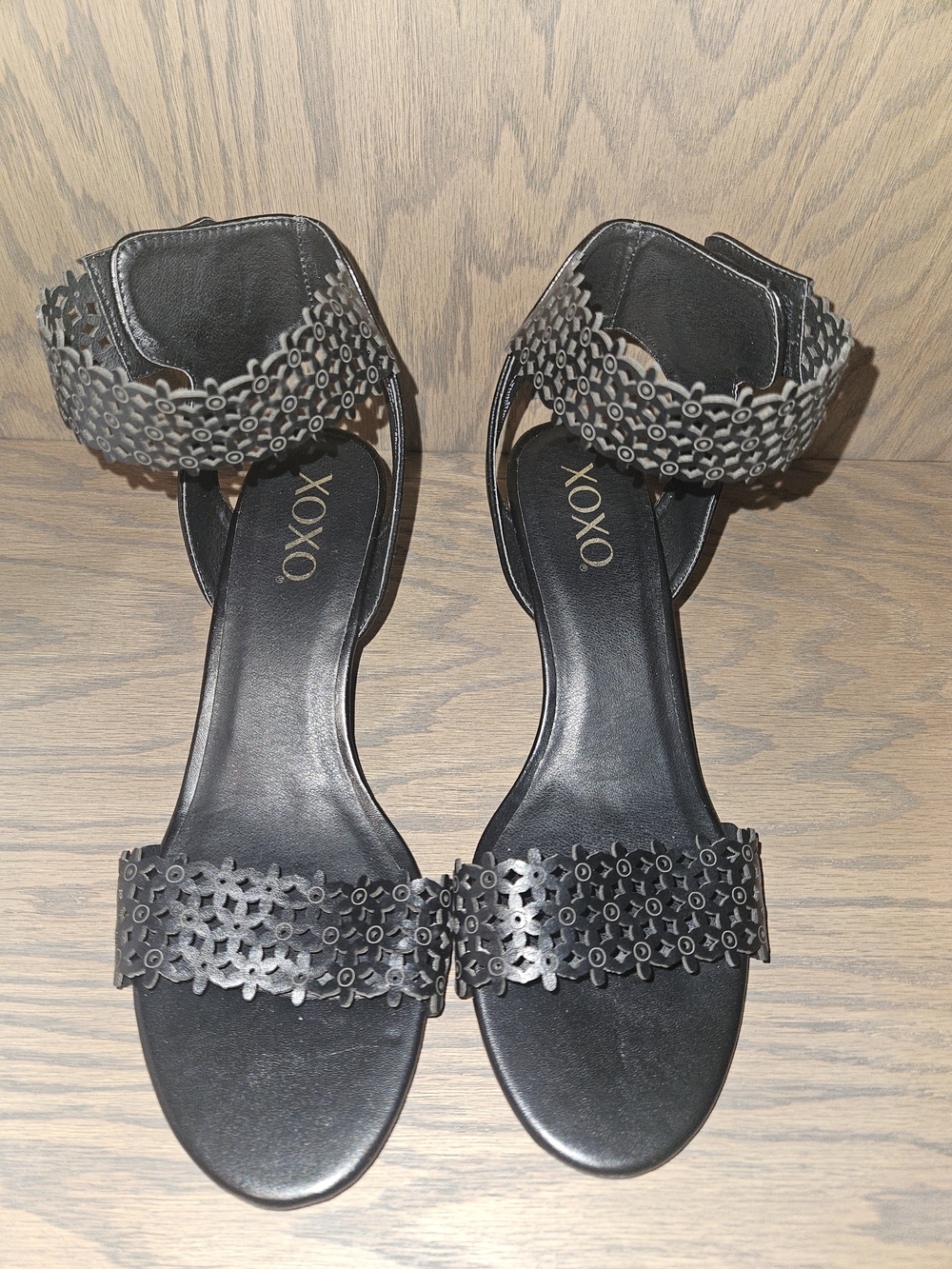 Brand New. XOXO Black Laser-Cut Two-Strap Ankle Sandals